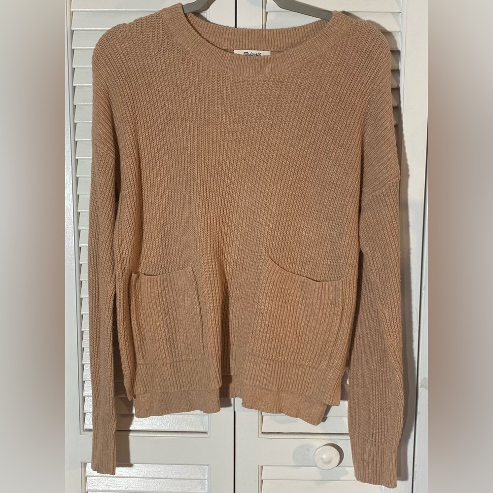 Madewell Tan Patch Pocket Sweater, Size S, 2 Pockets, Cotton/Viscose/Nylon